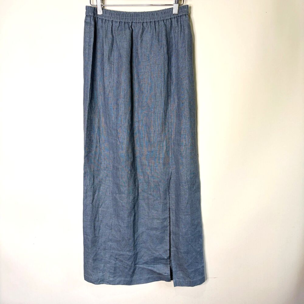 Vintage WorldsApart Linen Midi Tea Skirt Slit Blue Lagenlook Women Size Small